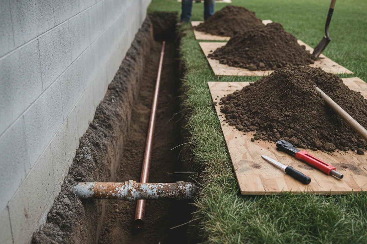 Excavated water line trench during Sewer Line Repair in Parker